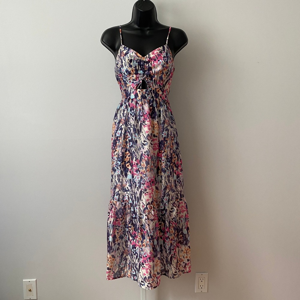 THML Small Multicolor Floral Maxi Dress Cutout Smocked Tiered Boho Sundress
